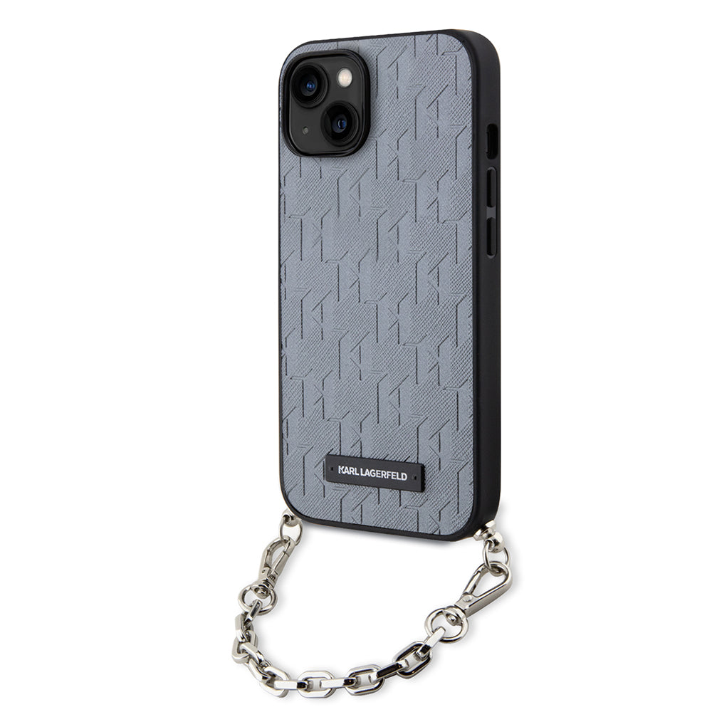Skyddsfodral för Apple iPhone 14, Karl Lagerfeld, Saffiano Monogram Chain, Silver