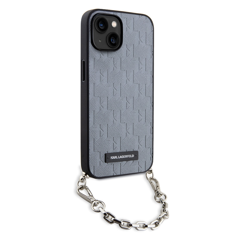 Skyddsfodral för Apple iPhone 14, Karl Lagerfeld, Saffiano Monogram Chain, Silver
