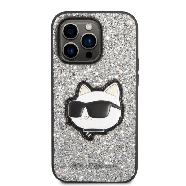 Fodral för Apple iPhone 14 Pro, Karl Lagerfeld, Glitter Choupette Patch, Silver