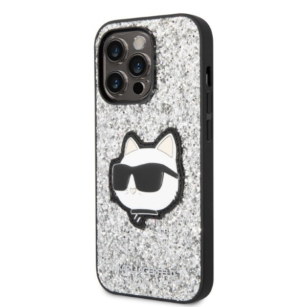 Fodral för Apple iPhone 14 Pro, Karl Lagerfeld, Glitter Choupette Patch, Silver