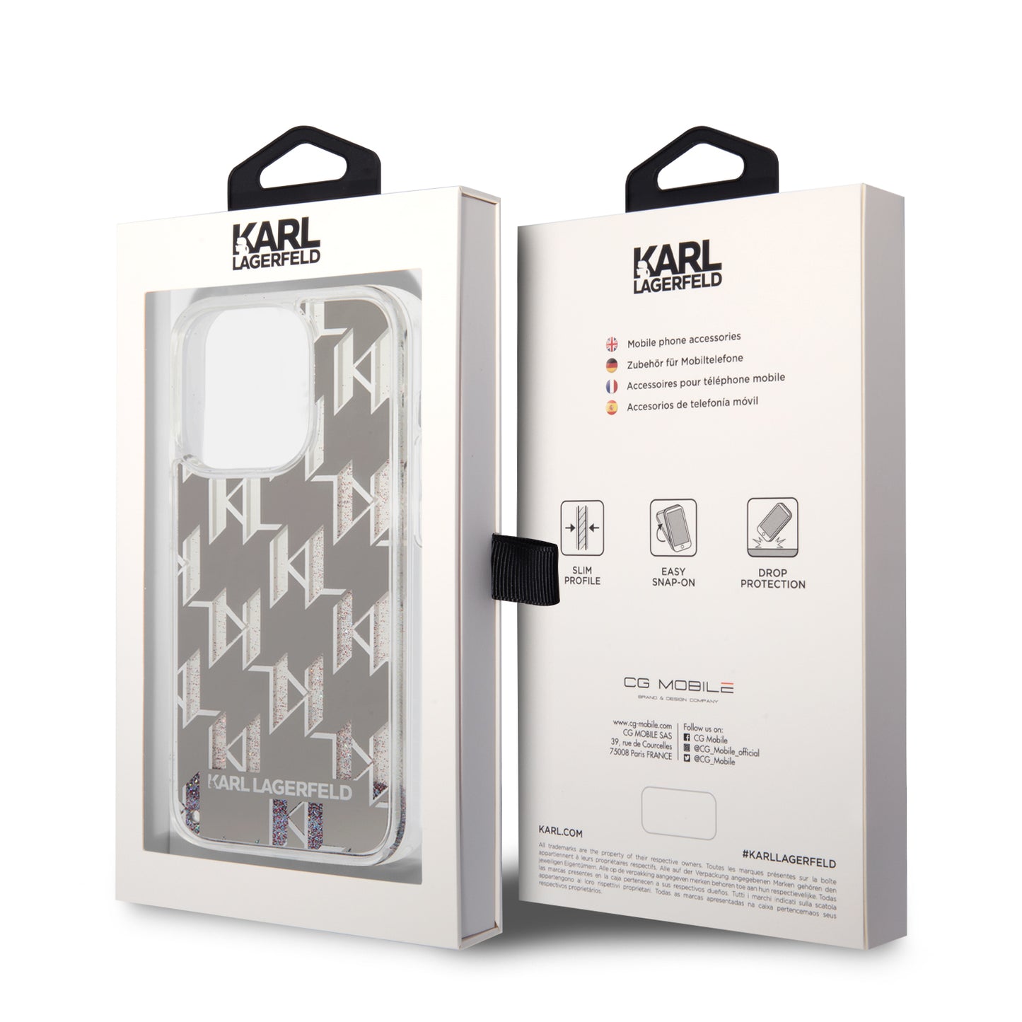 Fodral för Apple iPhone 14 Pro, Karl Lagerfeld, Liquid Glitter Monogram, Silver