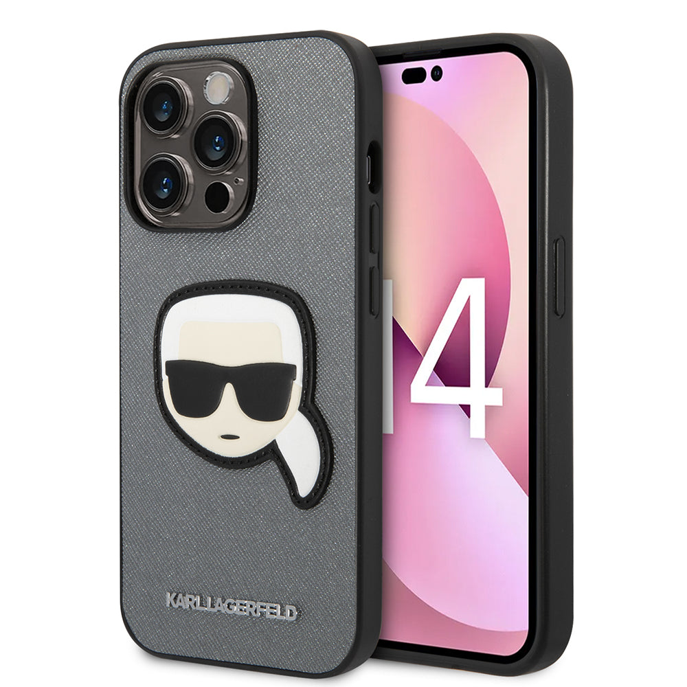 Skyddsfodral för Apple iPhone 14 Pro, Karl Lagerfeld, Saffiano Karl's Head, Silver