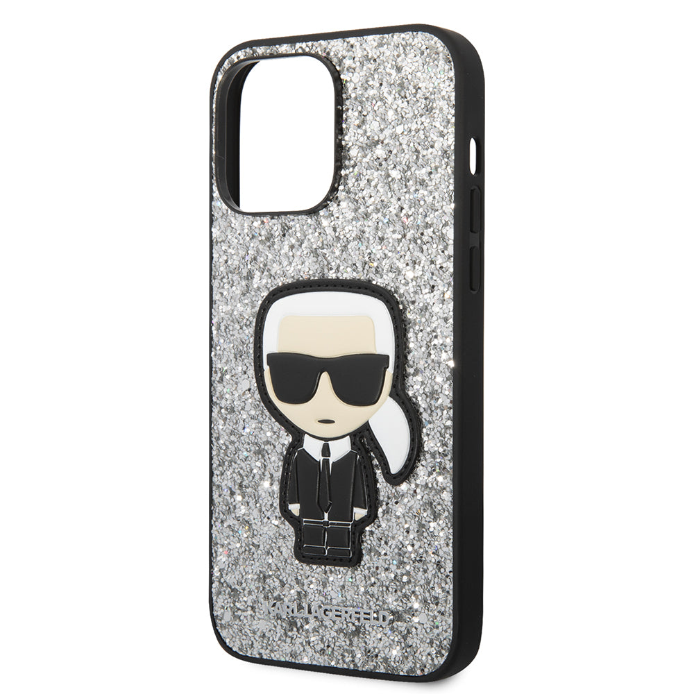 Skyddsfodral för Apple iPhone 14 Pro Max, Karl Lagerfeld, Glitter Flakes Ikonik Karl, Silver