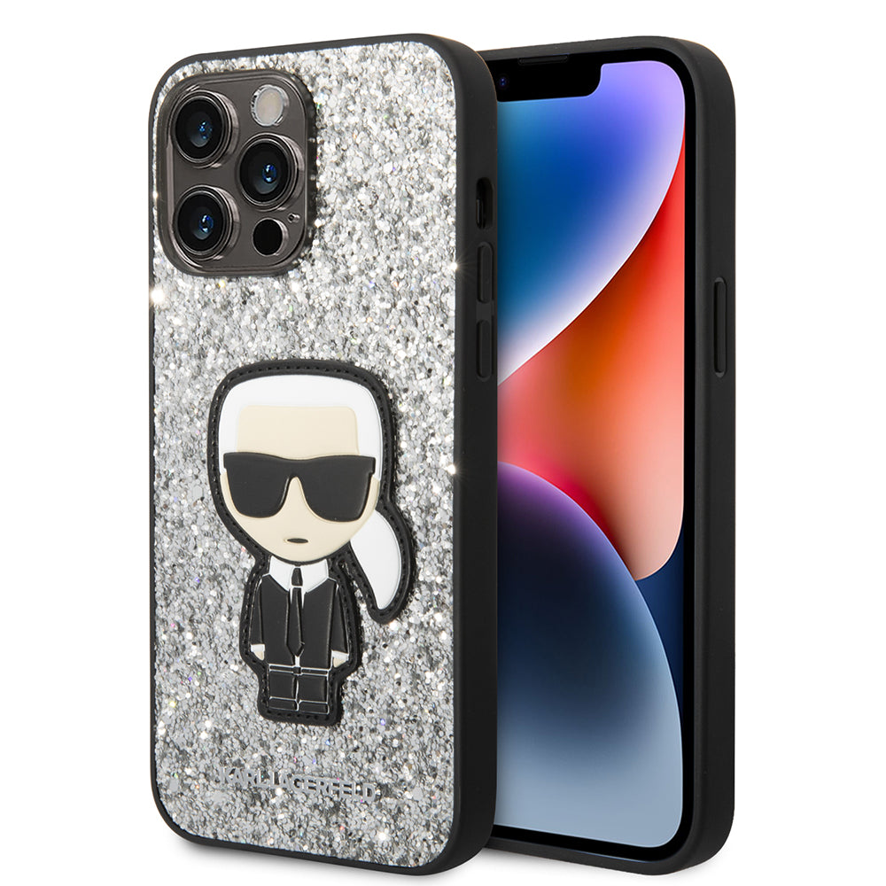 Skyddsfodral för Apple iPhone 14 Pro Max, Karl Lagerfeld, Glitter Flakes Ikonik Karl, Silver