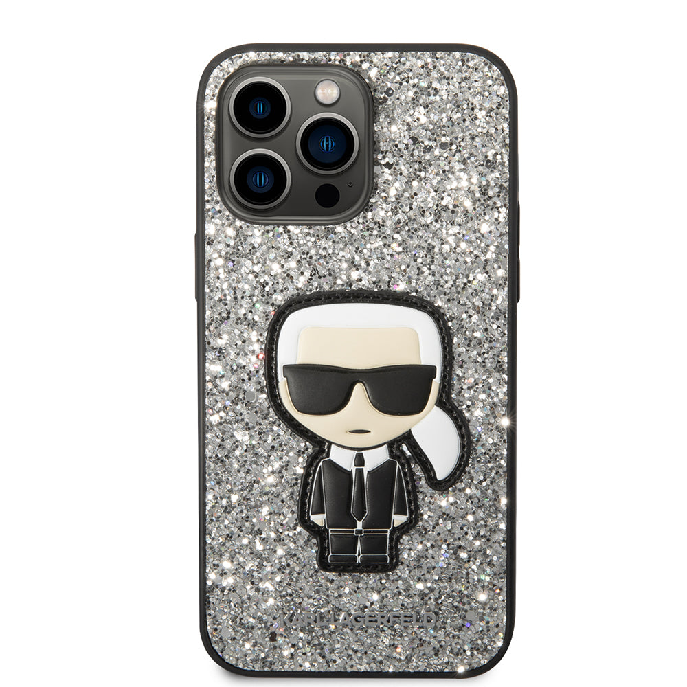 Skyddsfodral för Apple iPhone 14 Pro Max, Karl Lagerfeld, Glitter Flakes Ikonik Karl, Silver