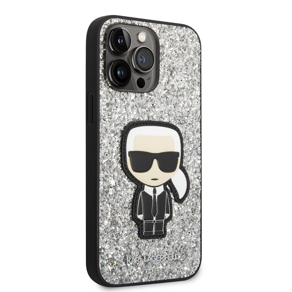 Skyddsfodral för Apple iPhone 14 Pro Max, Karl Lagerfeld, Glitter Flakes Ikonik Karl, Silver