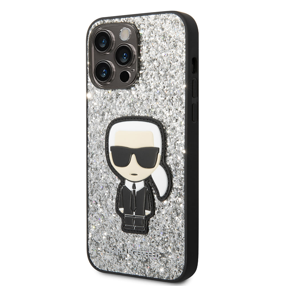 Skyddsfodral för Apple iPhone 14 Pro Max, Karl Lagerfeld, Glitter Flakes Ikonik Karl, Silver