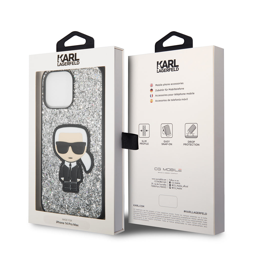 Skyddsfodral för Apple iPhone 14 Pro Max, Karl Lagerfeld, Glitter Flakes Ikonik Karl, Silver