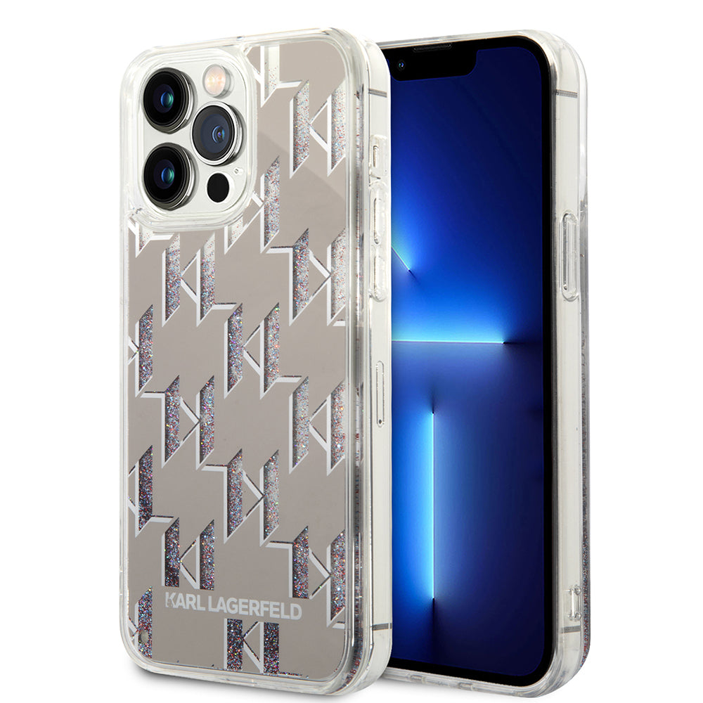 Fodral för Apple iPhone 14 Pro Max, Karl Lagerfeld, Liquid Glitter Monogram, Silver