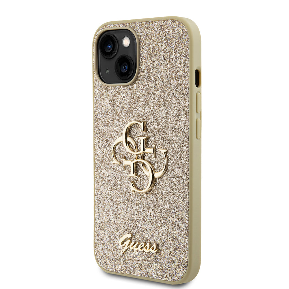 Skyddsfodral för Apple iPhone 15, Guess, Glitter Big 4G Script, Guld