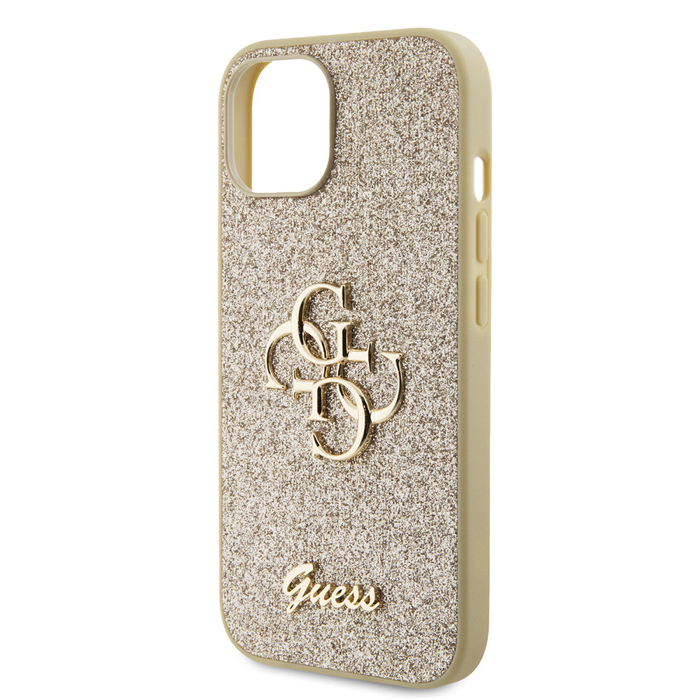 Skyddsfodral för Apple iPhone 15, Guess, Glitter Big 4G Script, Guld