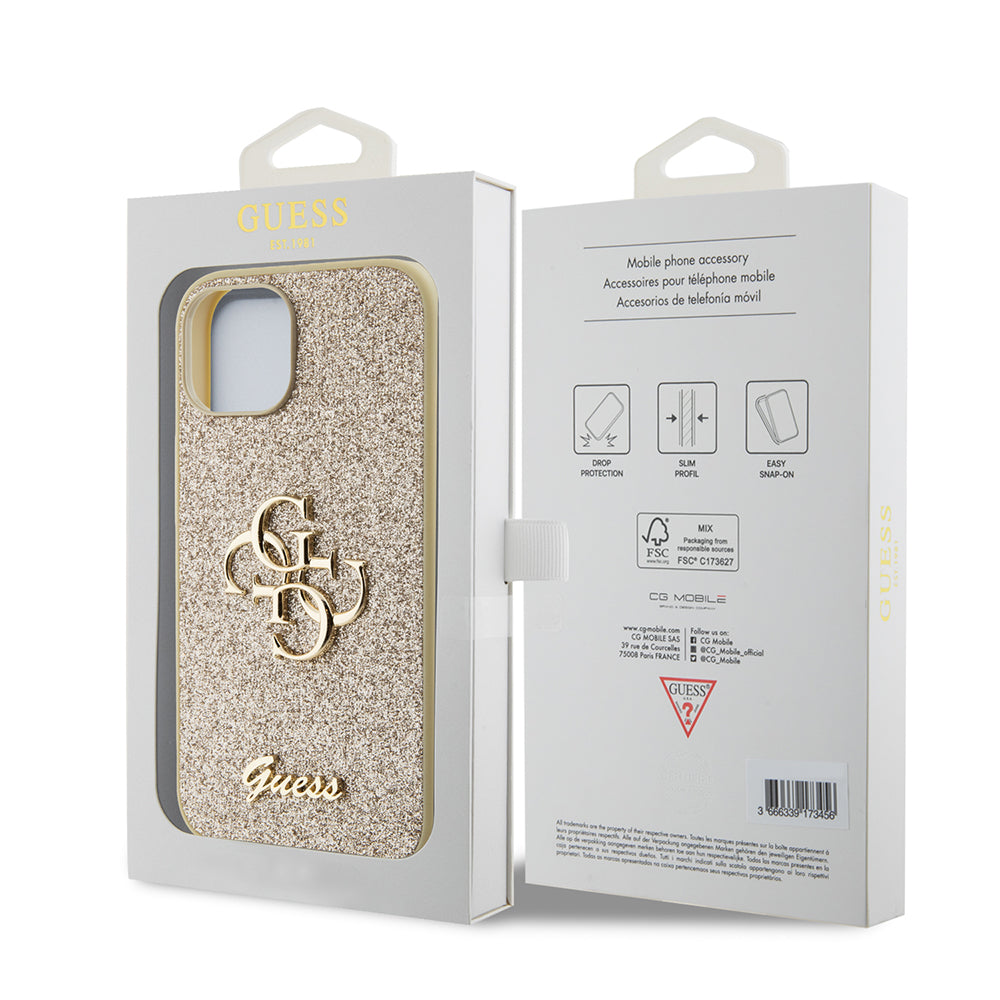 Skyddsfodral för Apple iPhone 15, Guess, Glitter Big 4G Script, Guld