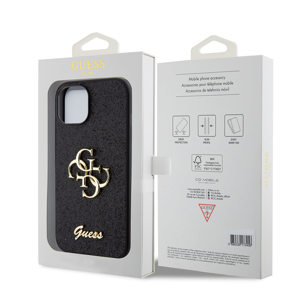 Fodral för Apple iPhone 15, Guess, Glitter Big 4G Script, Svart
