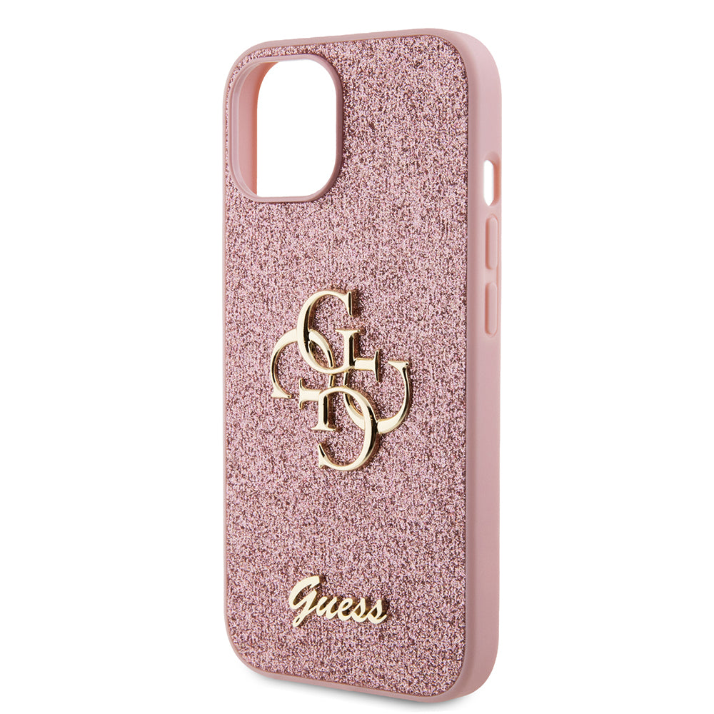 Fodral för Apple iPhone 15, Guess, Glitter Big 4G Script, Rosa