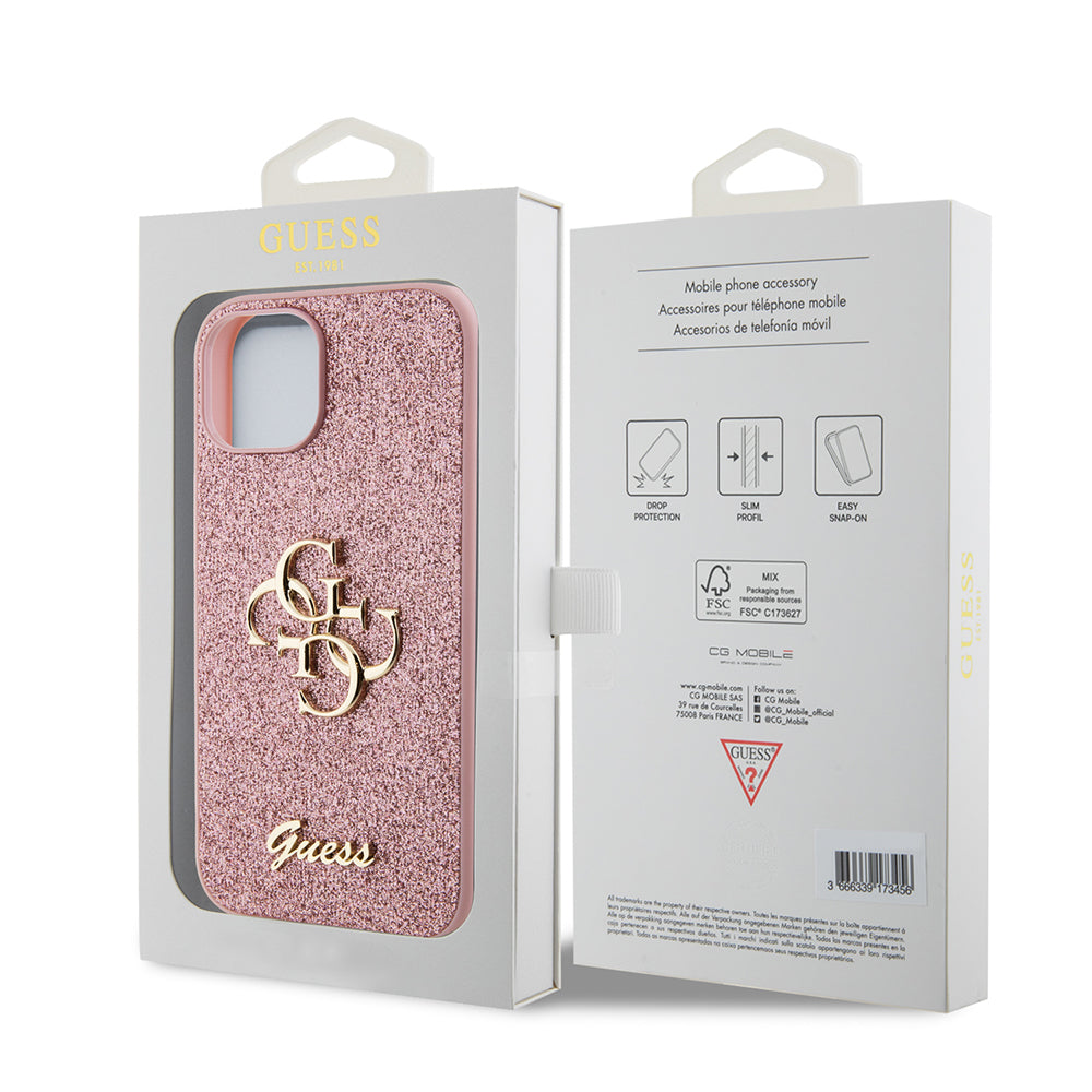 Fodral för Apple iPhone 15, Guess, Glitter Big 4G Script, Rosa