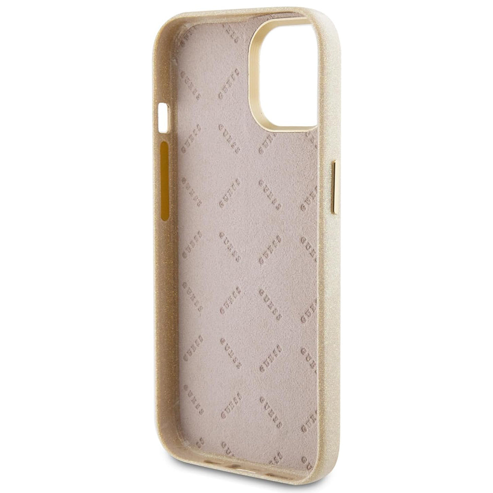 Fodral för Apple iPhone 15, Guess, Glitter Glossy Script, Beige