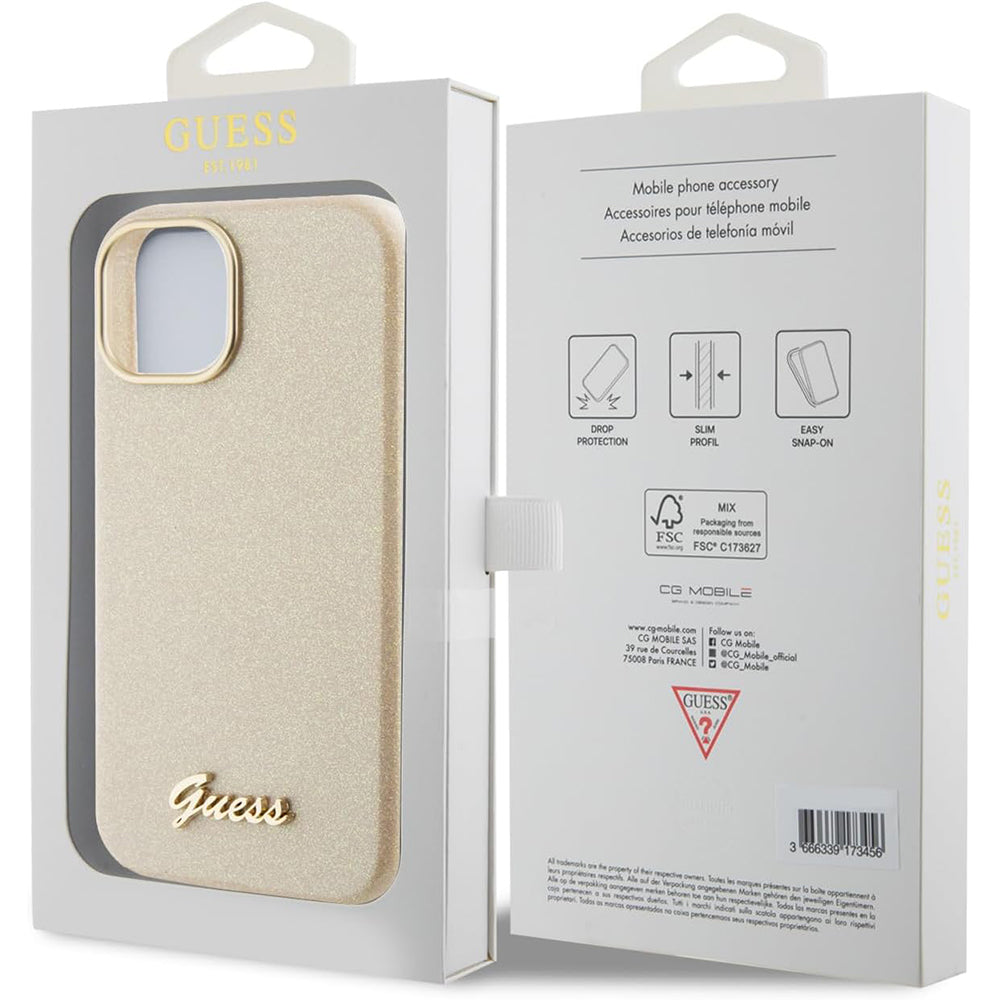 Fodral för Apple iPhone 15, Guess, Glitter Glossy Script, Beige