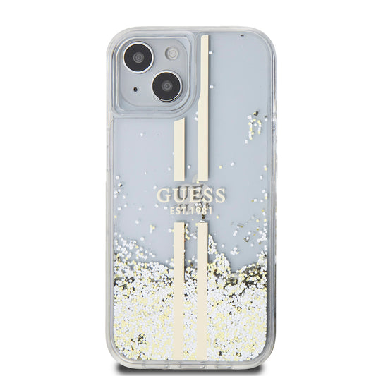 Skal för Apple iPhone 15, Guess, Liquid Glitter Gold Stripes, Transparent
