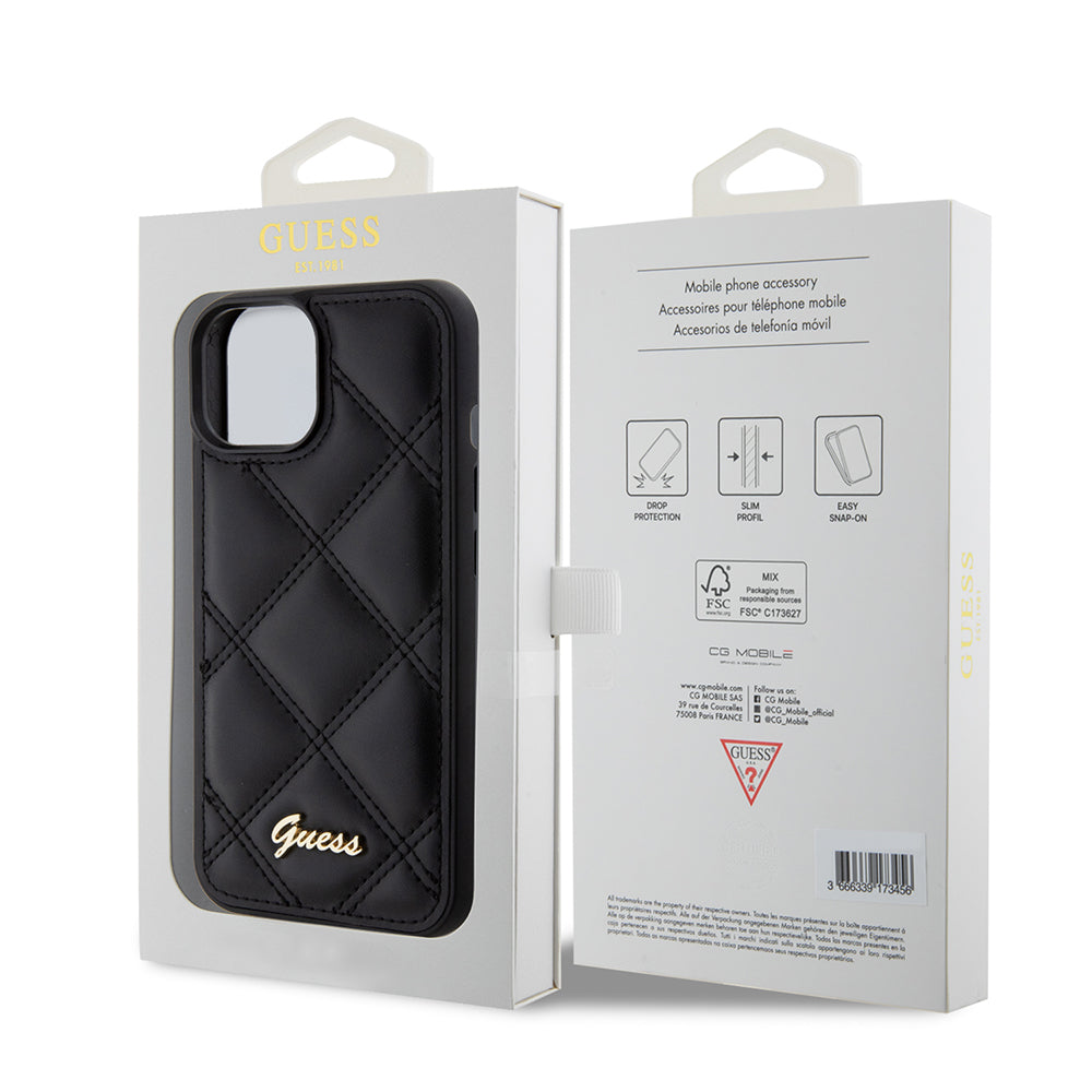 Case for Apple iPhone 15, Guess, Quilted Metal Logo, Black