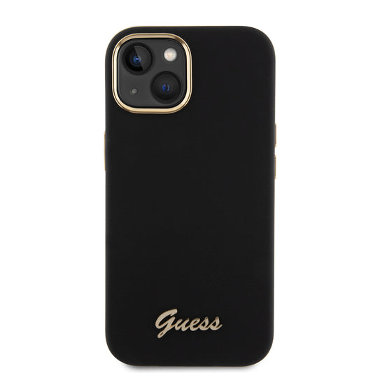 Skyddsfodral för Apple iPhone 15, Guess, Script Metal Logo & Frame, Svart