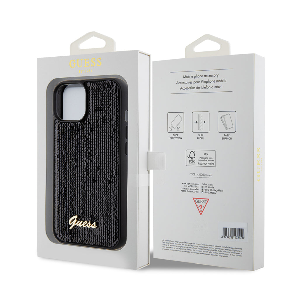 Fodral för Apple iPhone 15, Guess, Sequin Script Metal, Svart