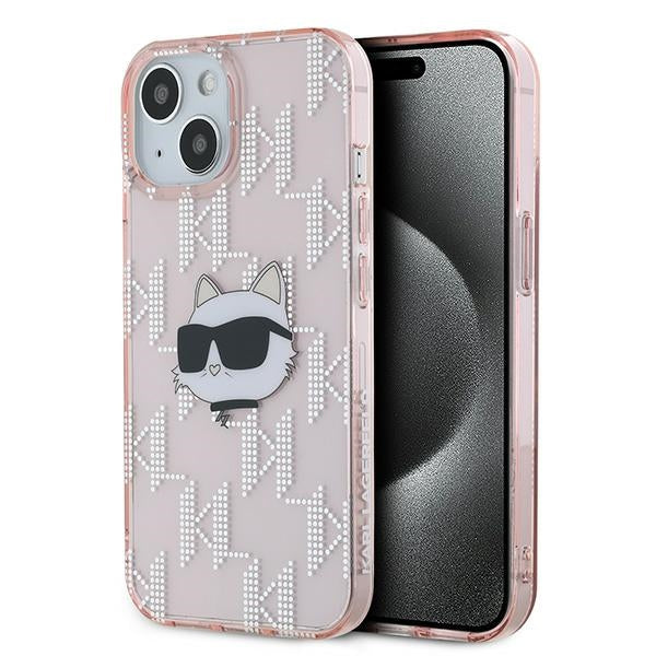 Skyddsfodral för Apple iPhone 15, Karl Lagerfeld, IML Luxury Monogram Choupette's Head, Rosa