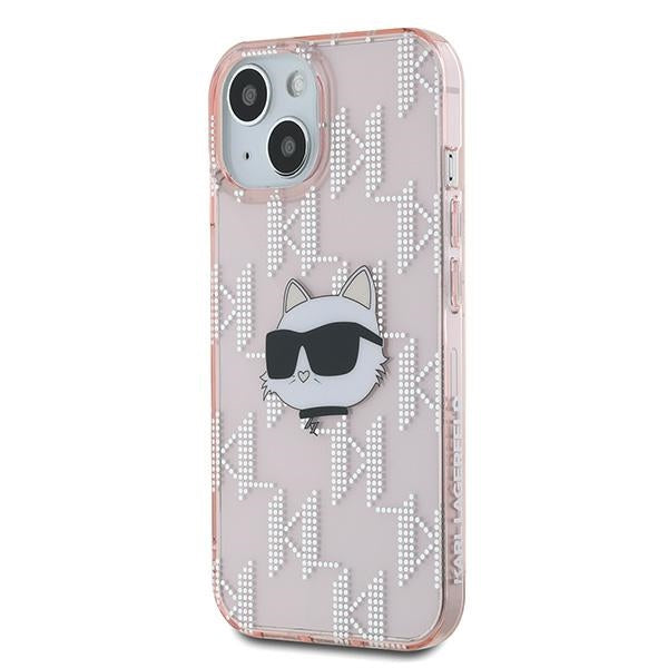 Skyddsfodral för Apple iPhone 15, Karl Lagerfeld, IML Luxury Monogram Choupette's Head, Rosa