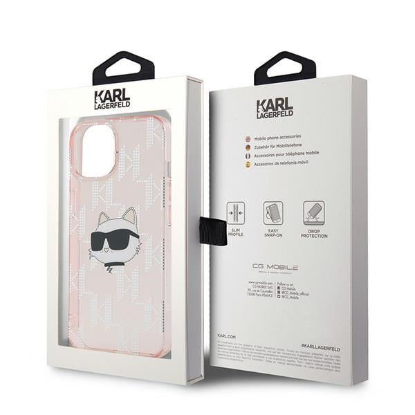 Skyddsfodral för Apple iPhone 15, Karl Lagerfeld, IML Luxury Monogram Choupette's Head, Rosa