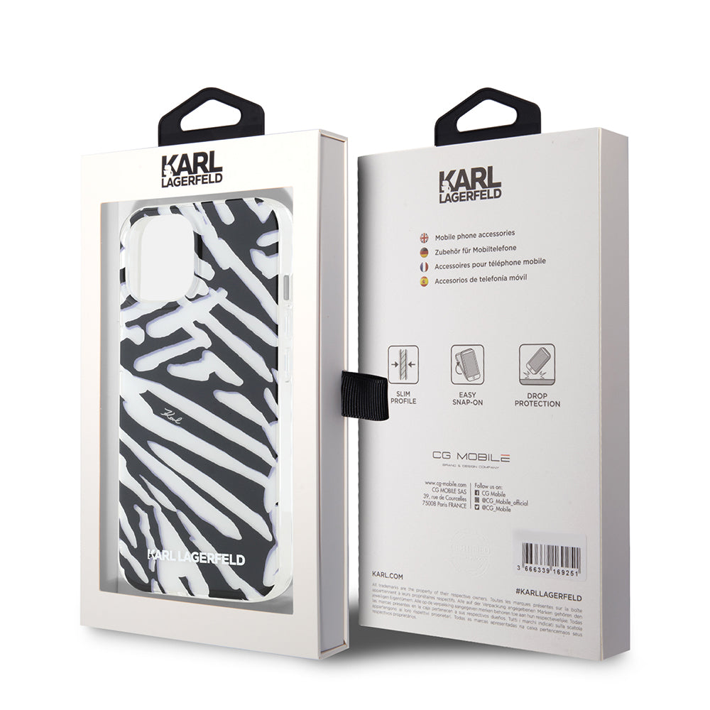 Fodral för Apple iPhone 15, Karl Lagerfeld, IML Luxury Zebra Pattern with Strap, Svart