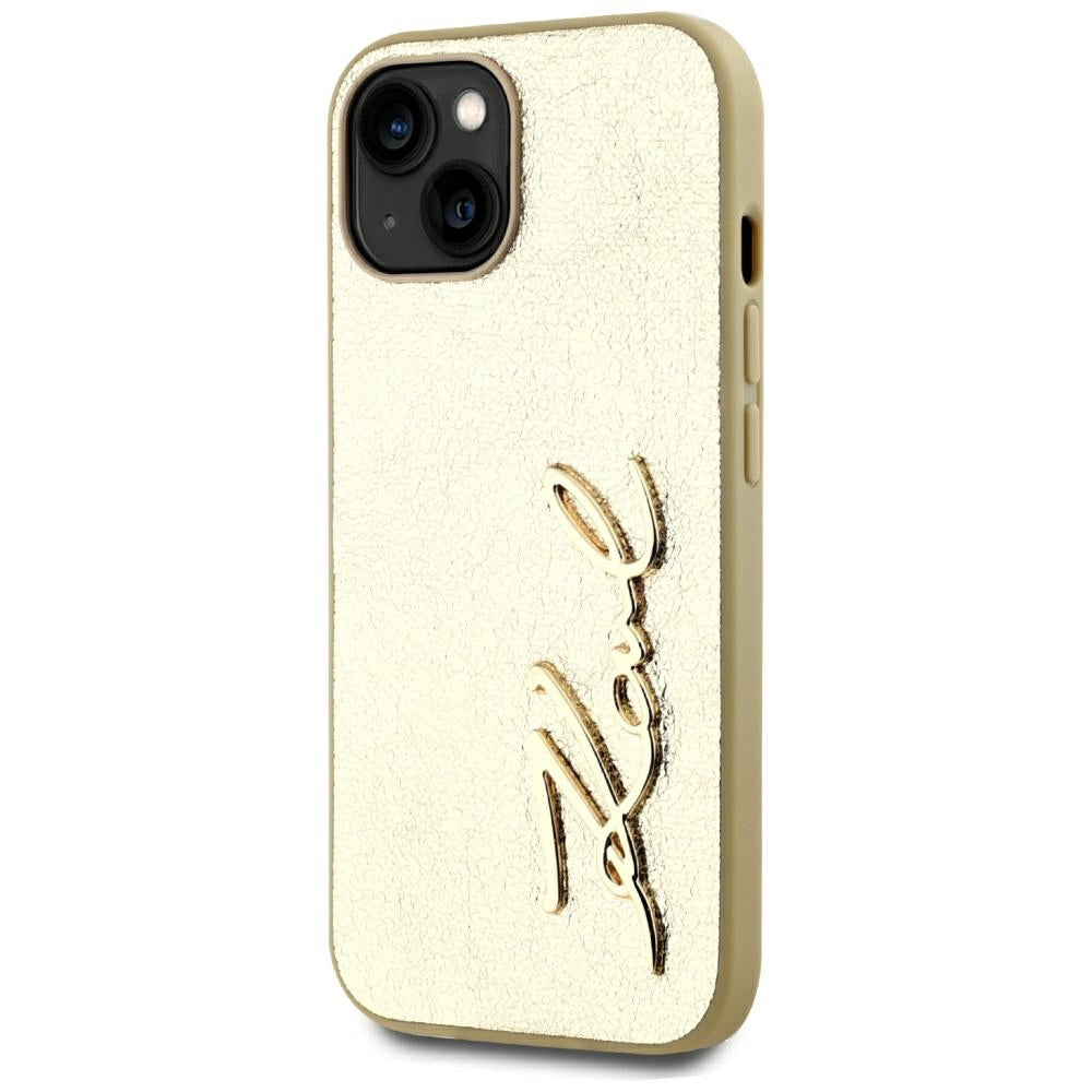 Fodral för Apple iPhone 15, Karl Lagerfeld, Metal Signature, Guld