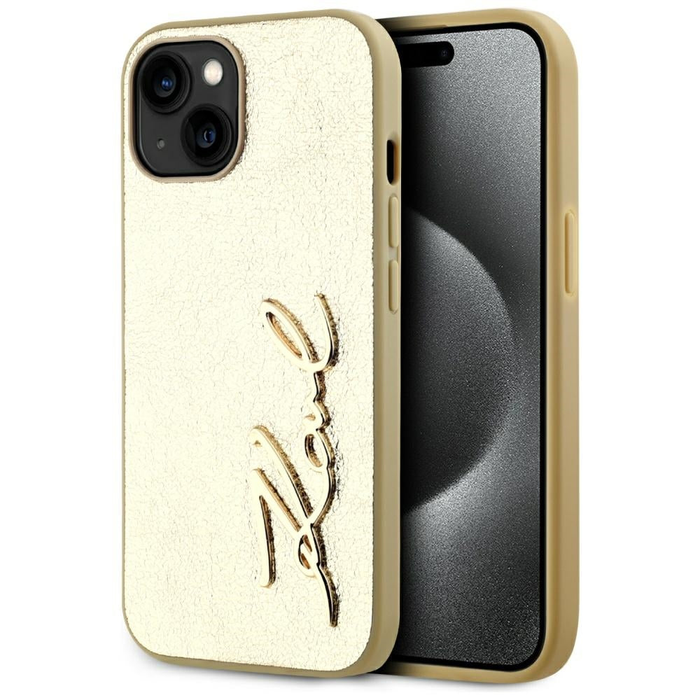 Fodral för Apple iPhone 15, Karl Lagerfeld, Metal Signature, Guld