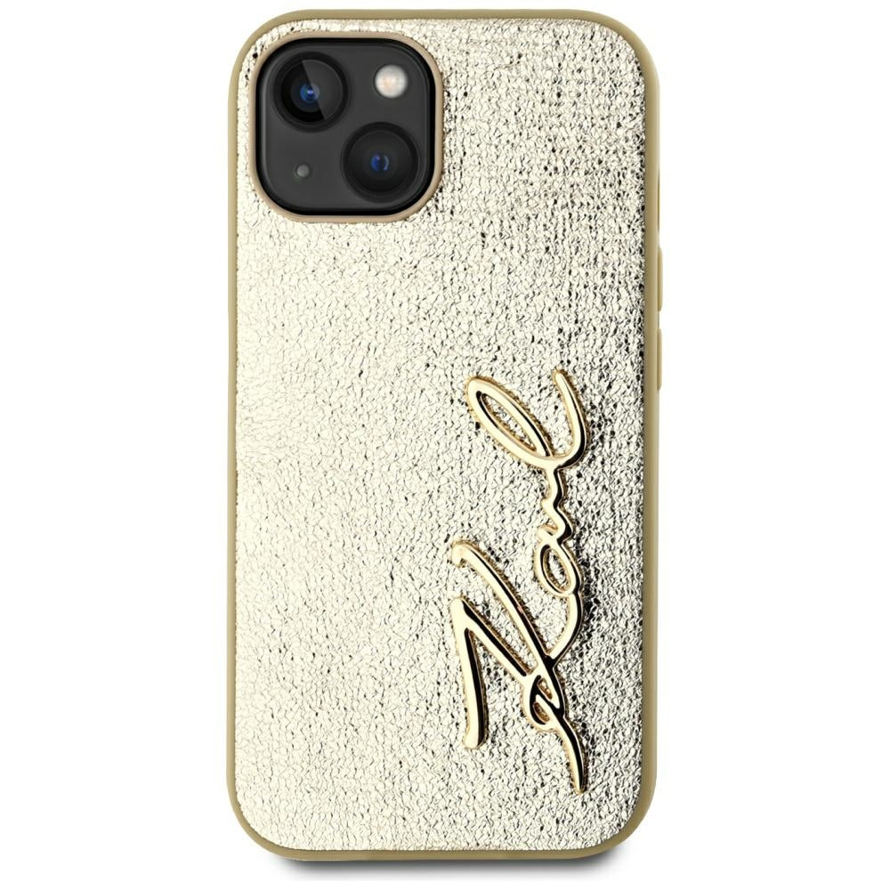 Fodral för Apple iPhone 15, Karl Lagerfeld, Metal Signature, Guld