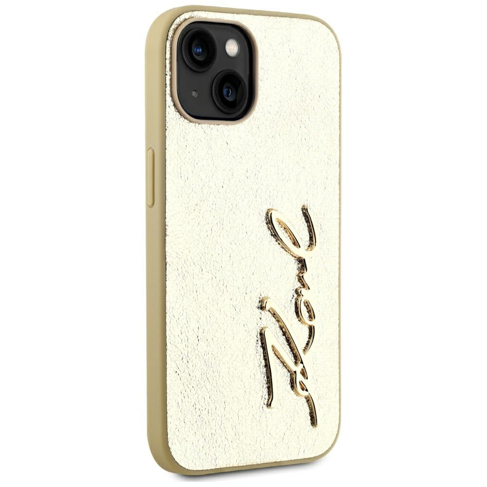Fodral för Apple iPhone 15, Karl Lagerfeld, Metal Signature, Guld