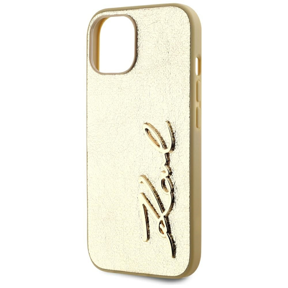 Fodral för Apple iPhone 15, Karl Lagerfeld, Metal Signature, Guld