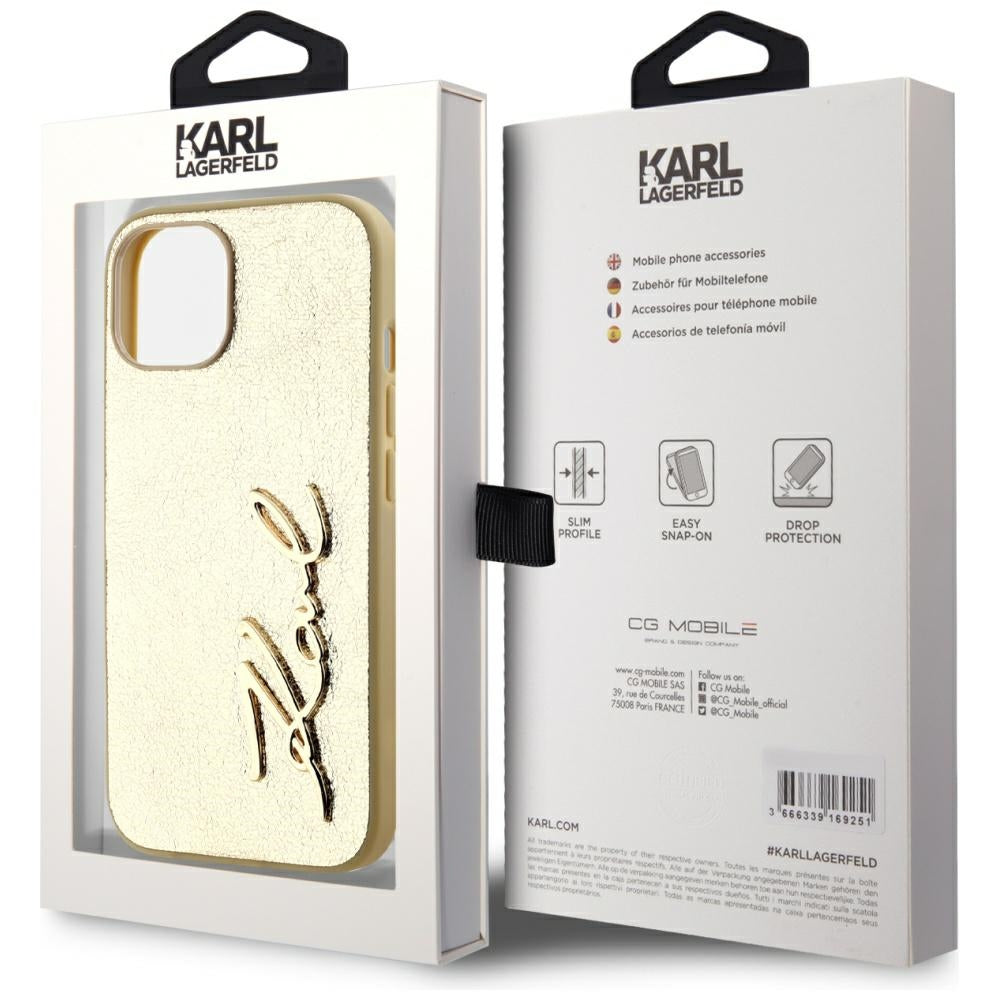 Fodral för Apple iPhone 15, Karl Lagerfeld, Metal Signature, Guld