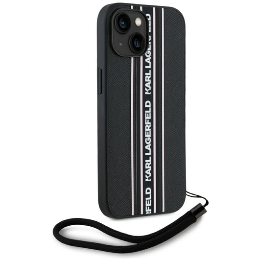 Fodral för Apple iPhone 15, Karl Lagerfeld, Saffiano Athleisure Stripes with Strap, Rosa