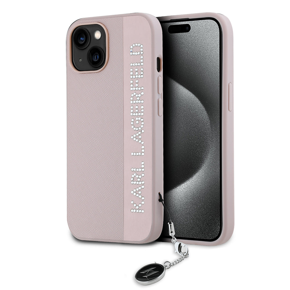 Fodral för Apple iPhone 15, Karl Lagerfeld, Saffiano Rhinestones & Charm, Rosa