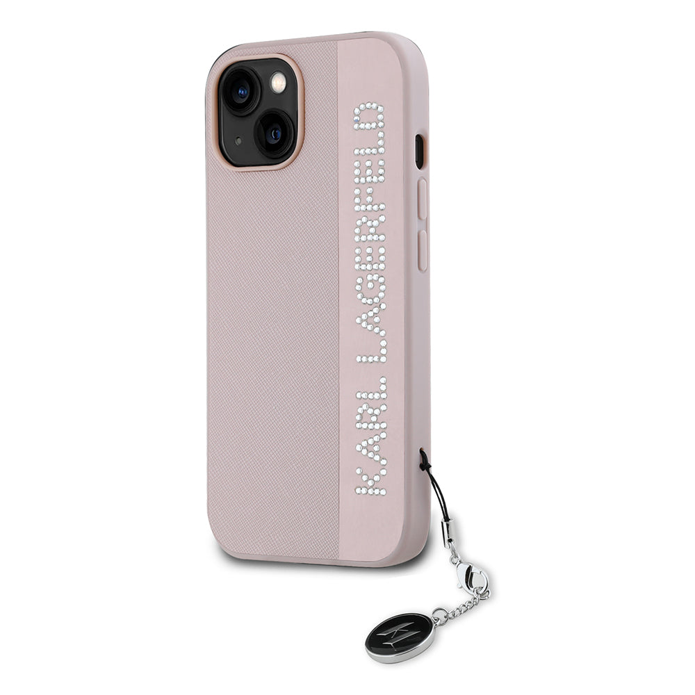 Fodral för Apple iPhone 15, Karl Lagerfeld, Saffiano Rhinestones & Charm, Rosa