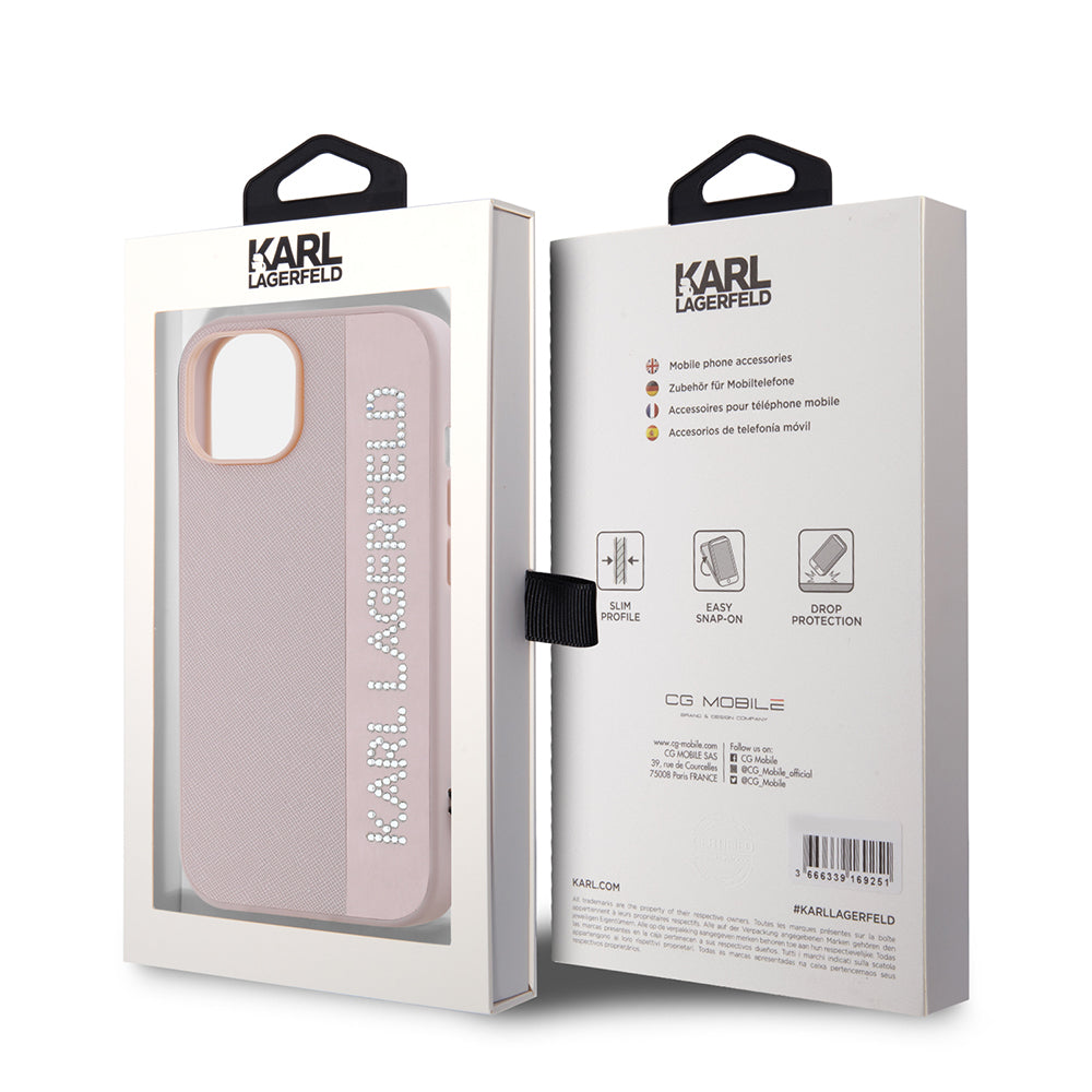 Fodral för Apple iPhone 15, Karl Lagerfeld, Saffiano Rhinestones & Charm, Rosa