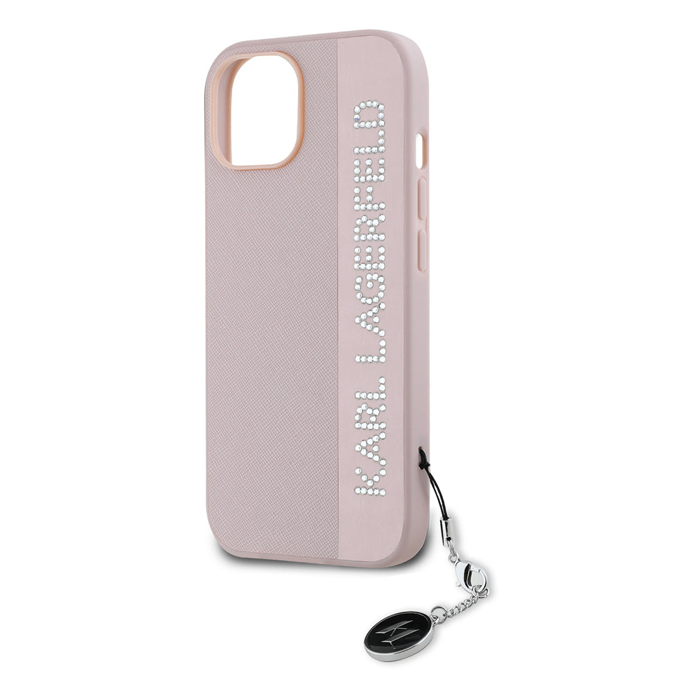 Fodral för Apple iPhone 15, Karl Lagerfeld, Saffiano Rhinestones & Charm, Rosa