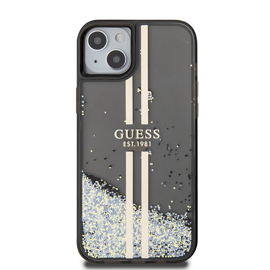 Skal för Apple iPhone 15 Plus, Guess, Liquid Glitter Gold Stripes, Svart