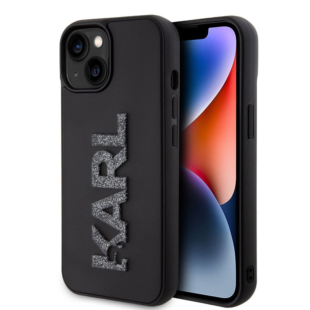 Skyddsfodral för Apple iPhone 15 Plus, Karl Lagerfeld, 3D Rubber Glitter Logo, Svart