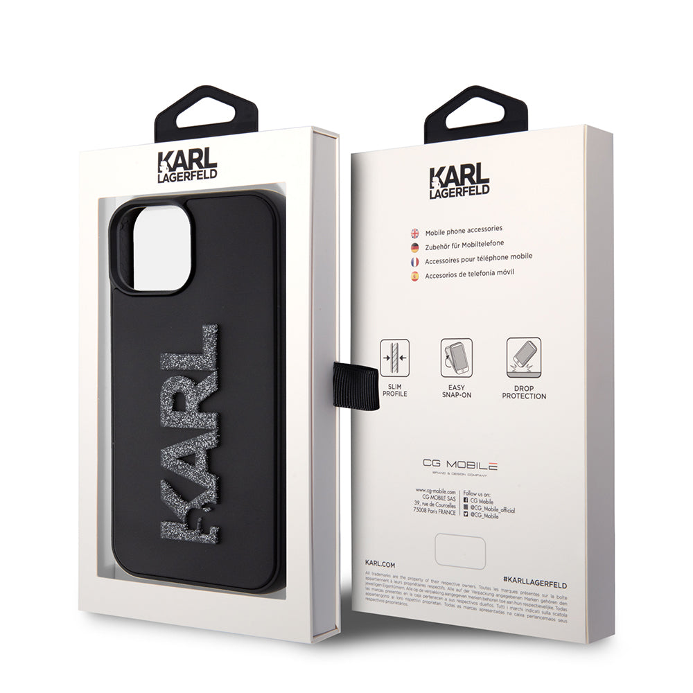 Skyddsfodral för Apple iPhone 15 Plus, Karl Lagerfeld, 3D Rubber Glitter Logo, Svart