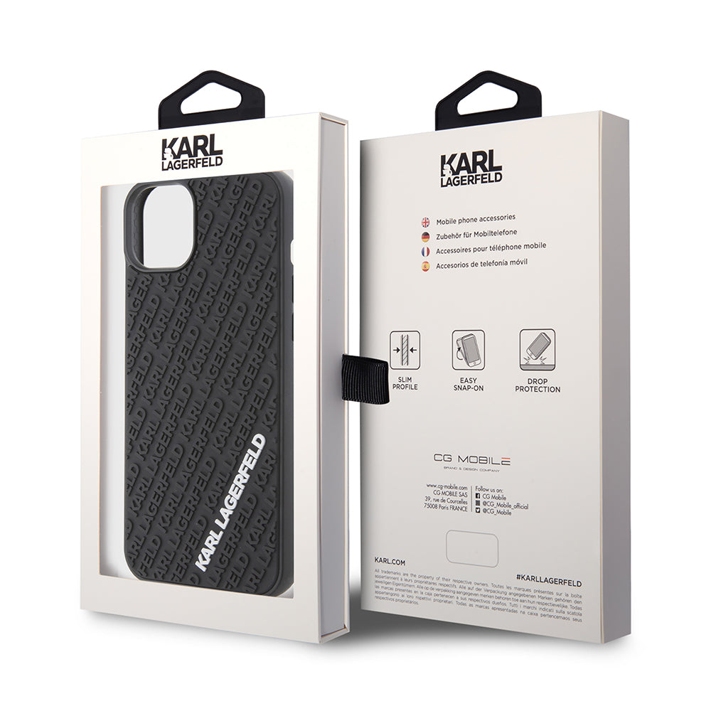 Skyddsfodral för Apple iPhone 15 Plus, Karl Lagerfeld, 3D Rubber Multi Logo, Svart