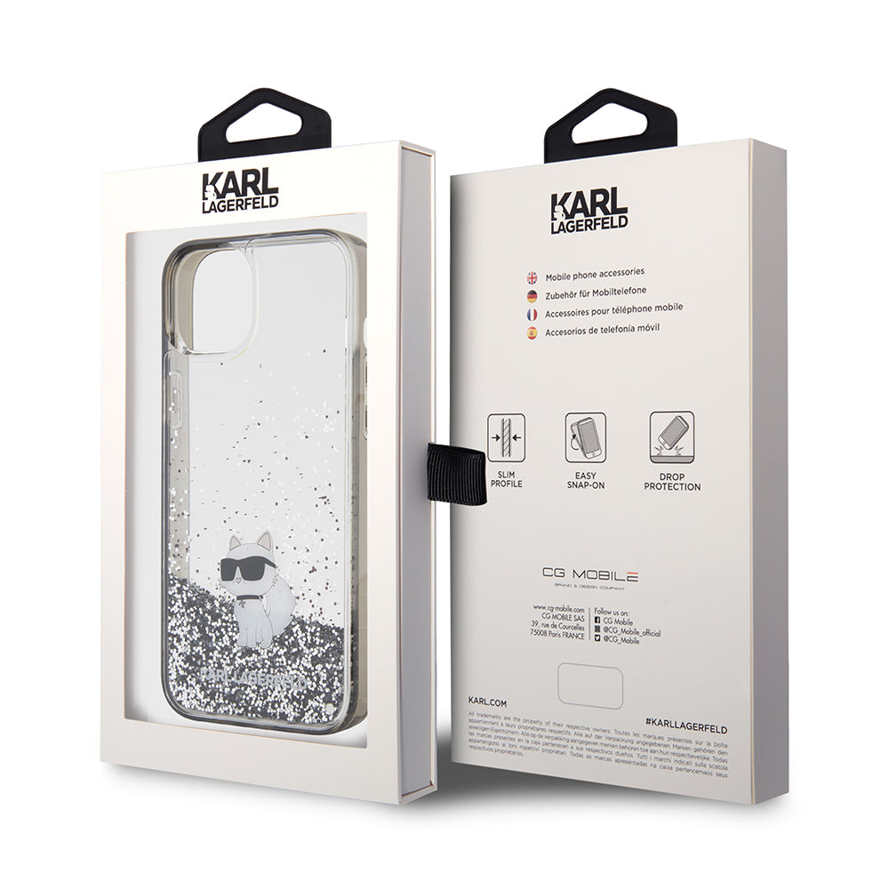 Skyddsfodral för Apple iPhone 15 Plus, Karl Lagerfeld, Liquid Glitter Choupette, Transparent