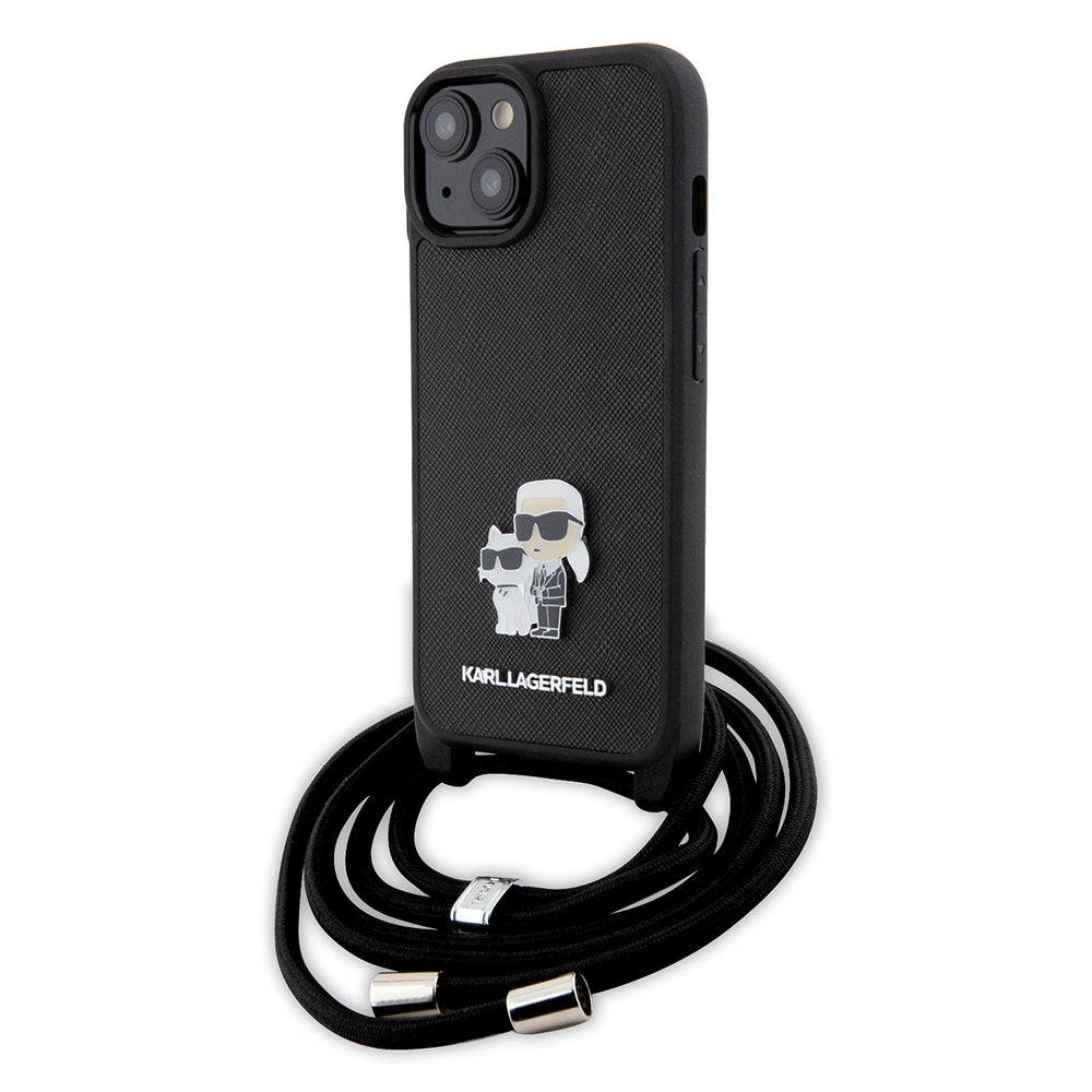 Fodral för Apple iPhone 15 Plus, Karl Lagerfeld, Saffiano Crossbody Metal Pin Karl & Choupette, Svart