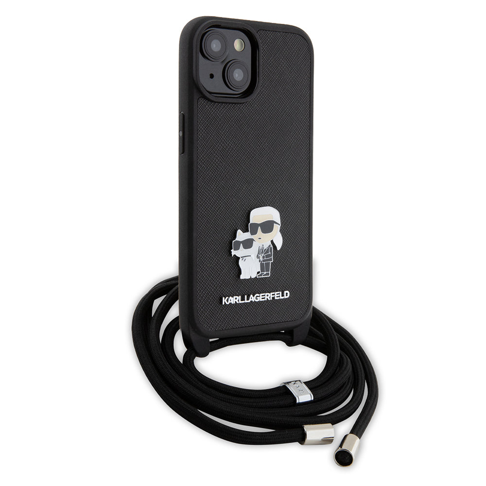 Fodral för Apple iPhone 15 Plus, Karl Lagerfeld, Saffiano Crossbody Metal Pin Karl & Choupette, Svart