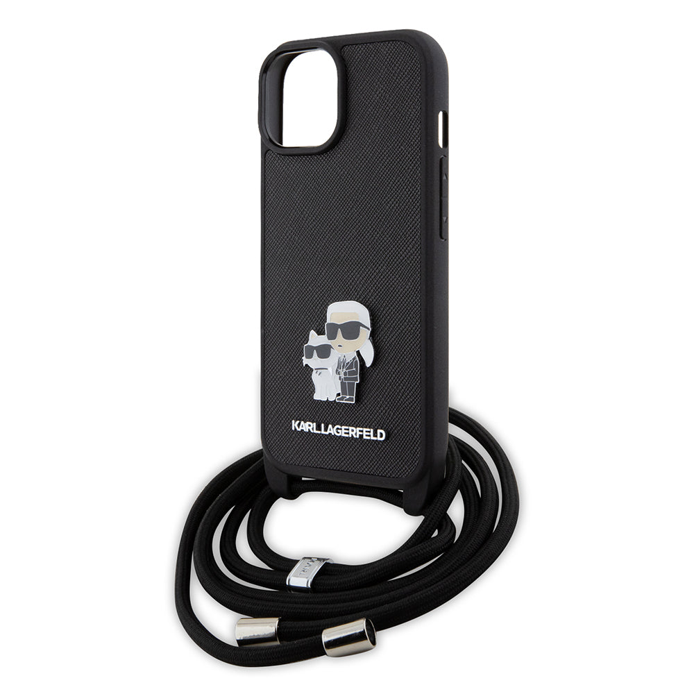 Fodral för Apple iPhone 15 Plus, Karl Lagerfeld, Saffiano Crossbody Metal Pin Karl & Choupette, Svart