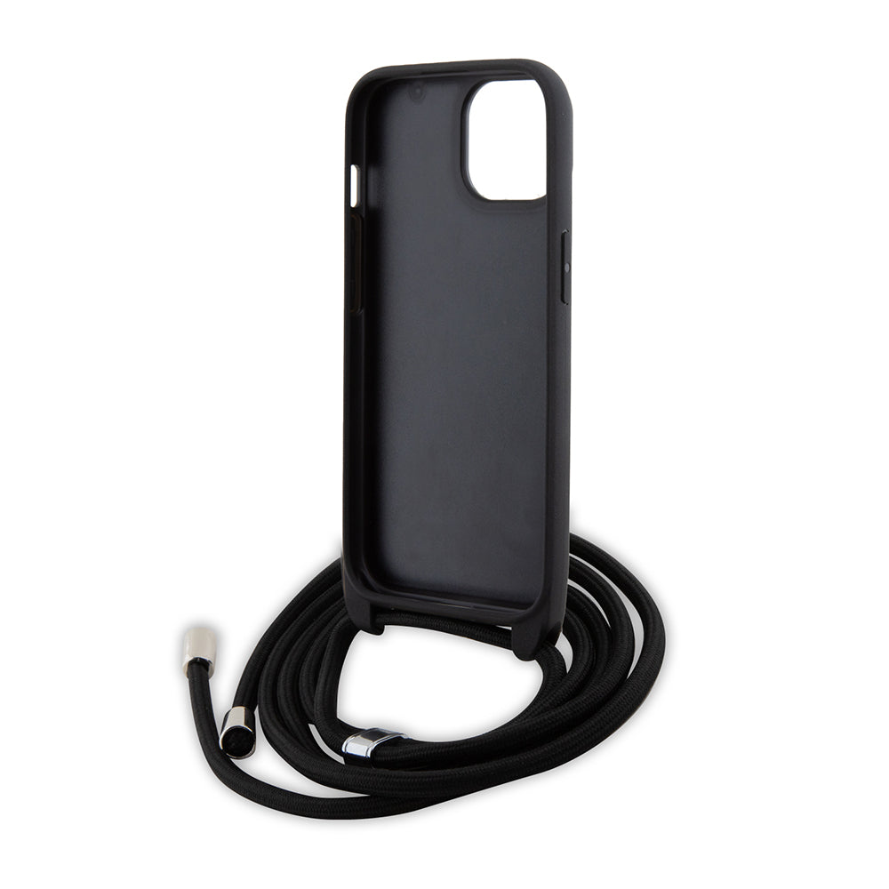 Fodral för Apple iPhone 15 Plus, Karl Lagerfeld, Saffiano Crossbody Metal Pin Karl & Choupette, Svart