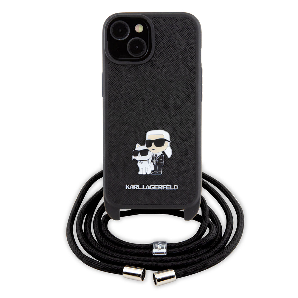 Fodral för Apple iPhone 15 Plus, Karl Lagerfeld, Saffiano Crossbody Metal Pin Karl & Choupette, Svart